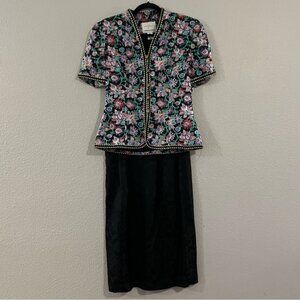 Vintage 90s Adrianna‎ Papell 100% Silk Floral Top Pencil Skirt Set Sz 6 EVC